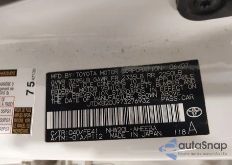 2007 Toyota Prius from USA, damaged, VIN JTDKB20U973276932